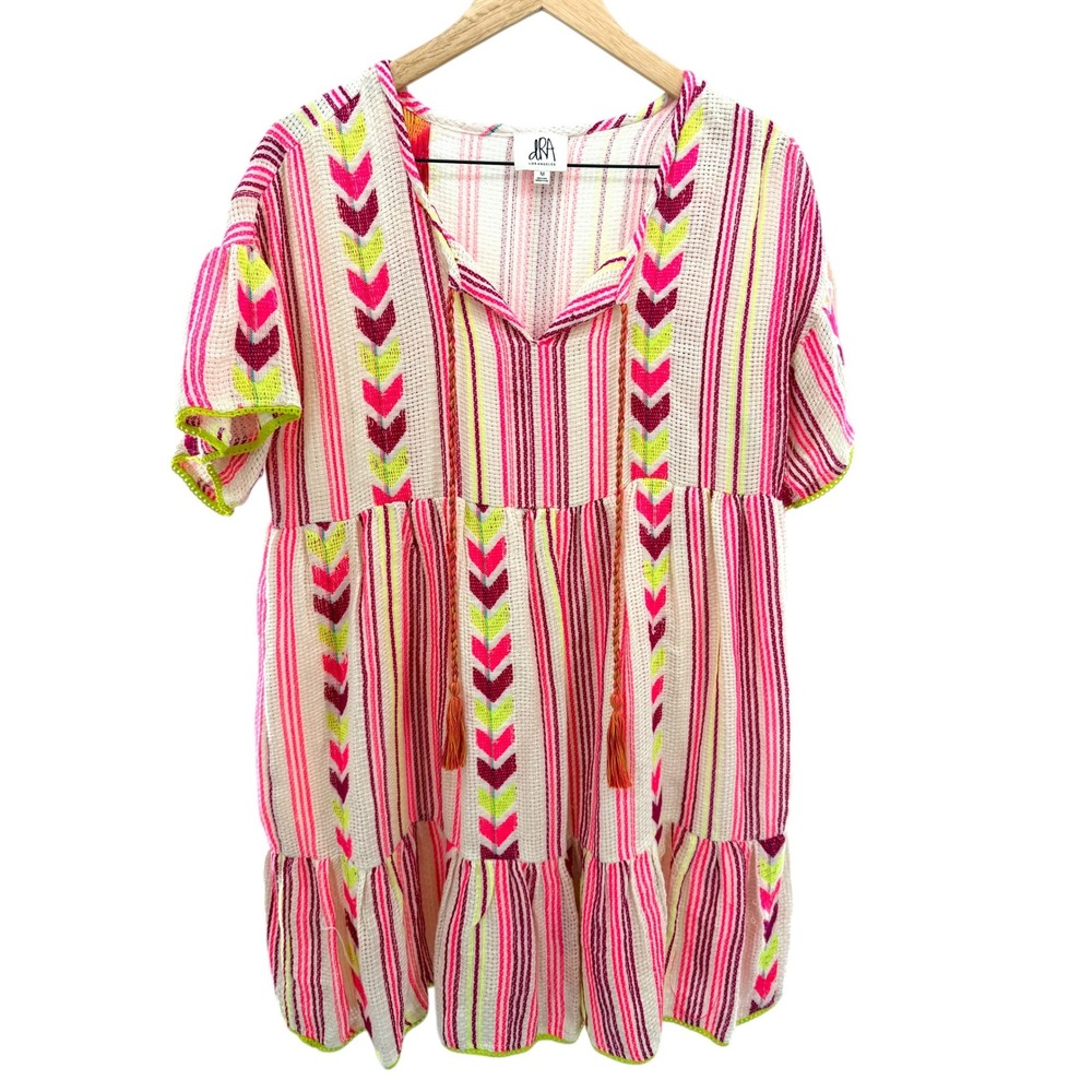 dRA Los Angeles Neon Striped‎ Chevron Tiered Mini Dress Boho Tassel Gauze Cotton